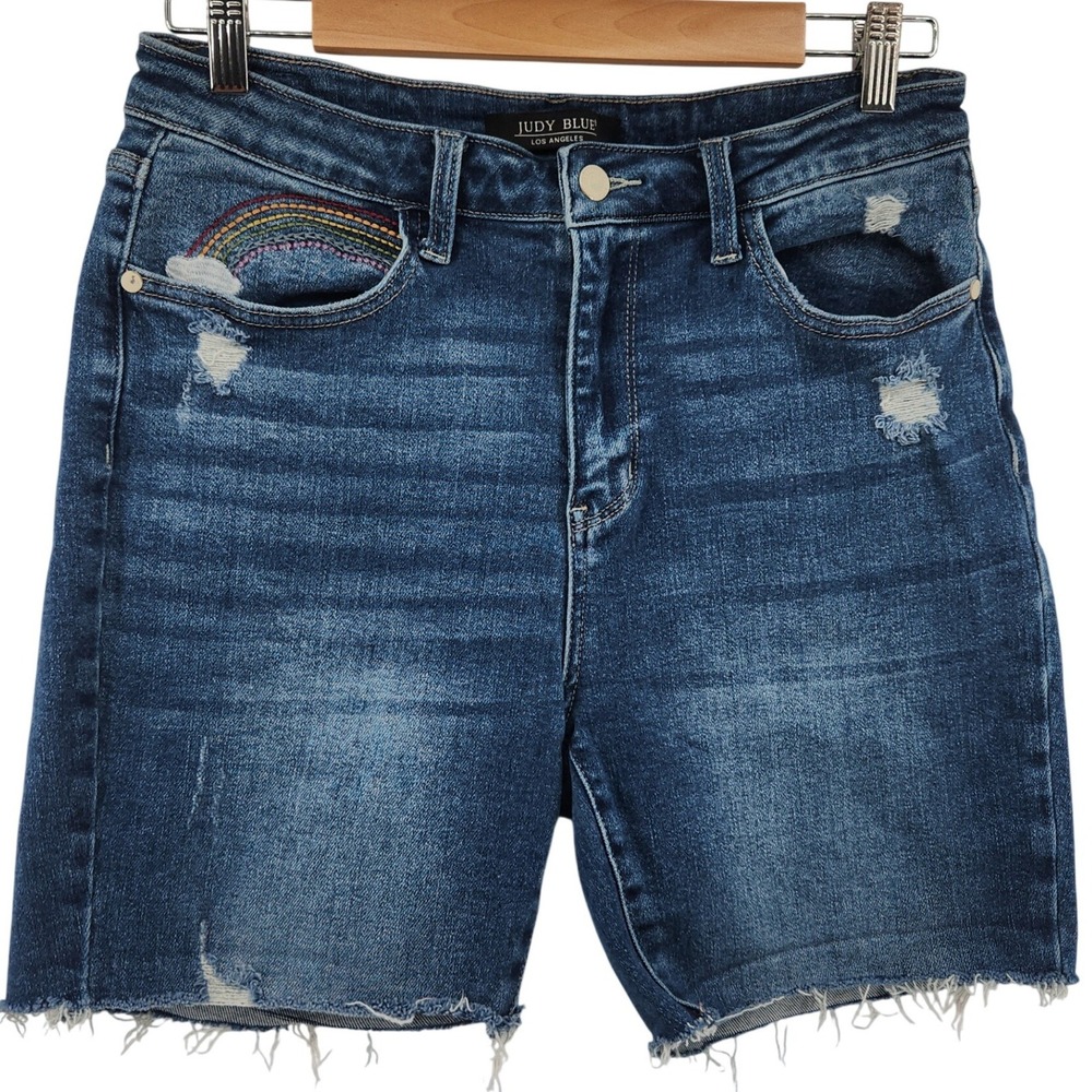 Judy Blue Rainbow Embroidered Shorts Women 11/30 Distressed Raw Hem Medium Wash